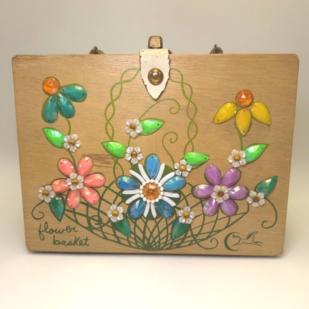 Vintage Enid Collins Flower Basket Jeweled Wood Box Bag Purse 1969